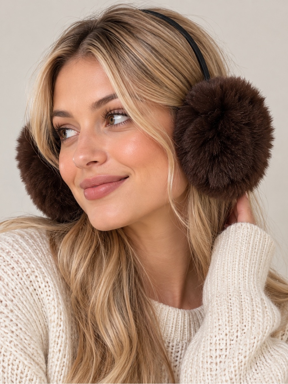 Chocolate Brown Plush Faux Fur Earmuffs Winter Ear Warmers